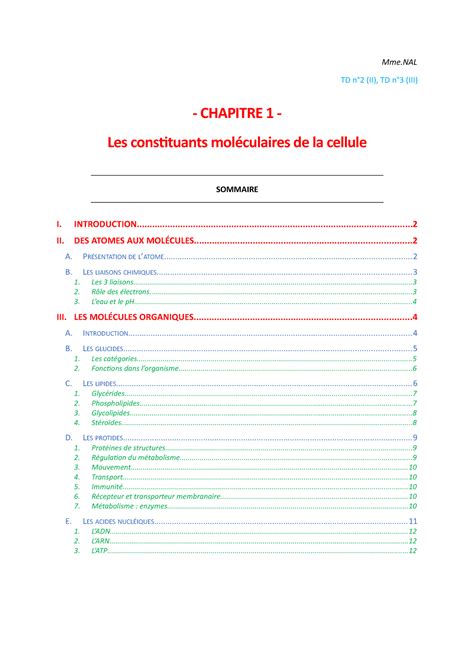 Chapitre Les Constituants Mol Culaires De La Cellule Mme Td N