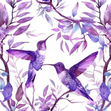 Violet Hummingbird In Fantasy Forest Seamless Pattern Green Forest