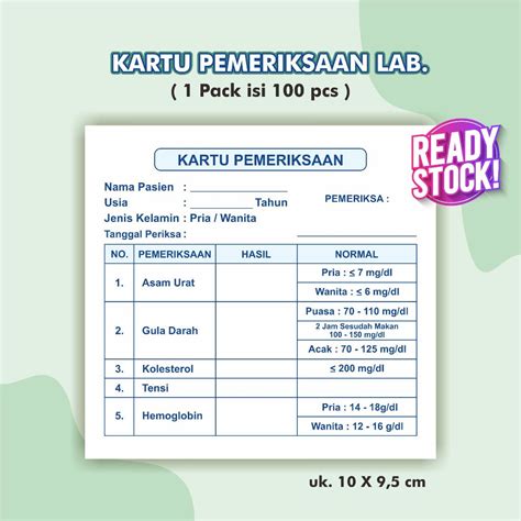 Jual Kartu Pemeriksaan Lab Kartu Kontrol Ready Stock Kartu Laborat