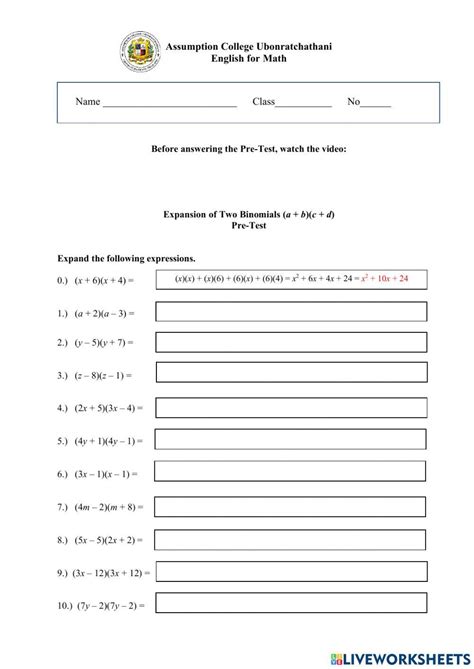 Expansion Of Two Binomials Worksheet Live Worksheets Worksheets Library