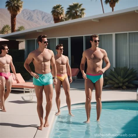 Gay Men S Vibrant Pool Party At Neutra Style House Stable Diffusion Online
