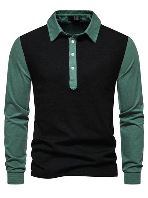 Mens Contrast Color Splicing Long Sleeve Polo Shirt