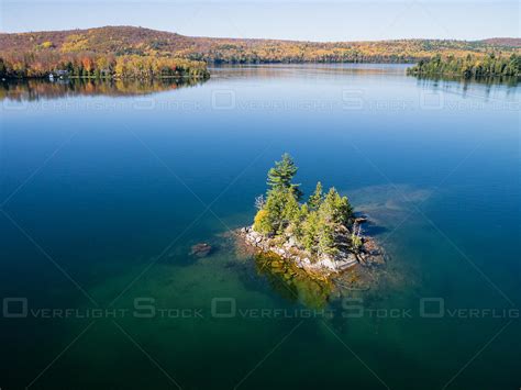 OverflightStock Small Island On Big Cedar Lake Quebec Aerial Stock