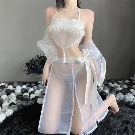 Sexy Mesh Lingerie Set Women Chemise Sleepwear Chinese Style Hanfu Bellyband Lace Hollow Qipao