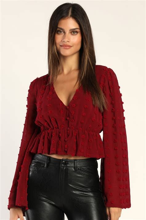 Burgundy Clip Dot Top Bell Sleeve Top Long Sleeve Top Lulus