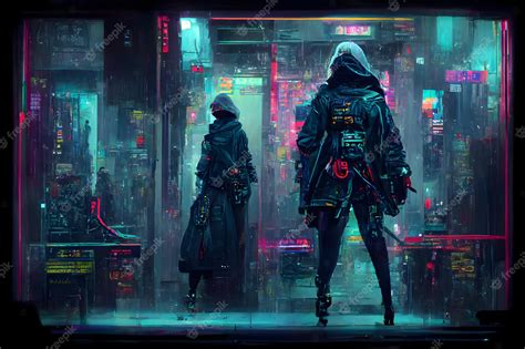 Figura de assassino cyberpunk na noite estilo cyberpunk neon iluminado ...
