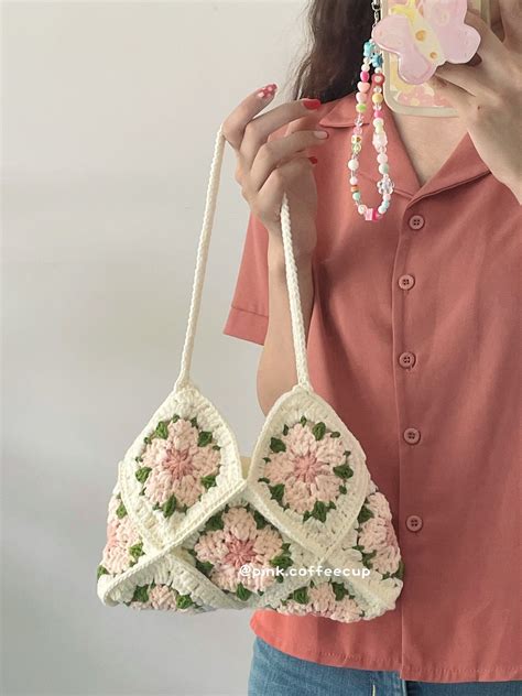 Crochet Handmade Sakura Cherry Blossoms Flower Granny Square Shoulder