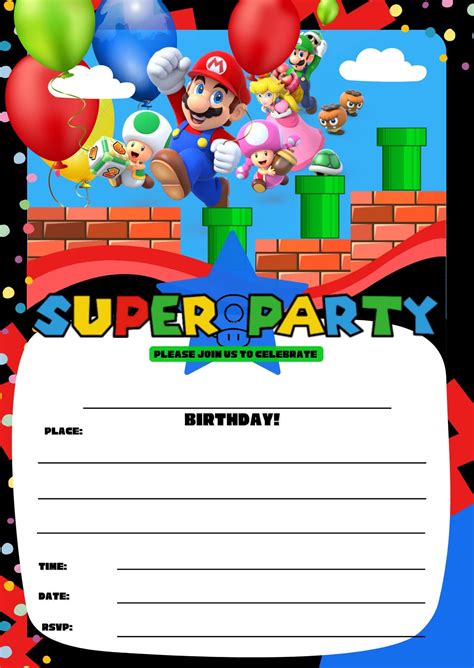 Super Party Mario Theme Birthday Party Invitation Printable