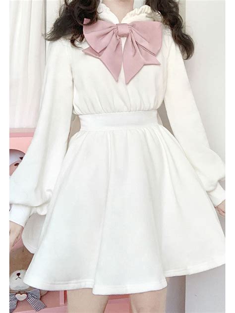 Sweet Bunny Ears Hooded Dress With Bowknot