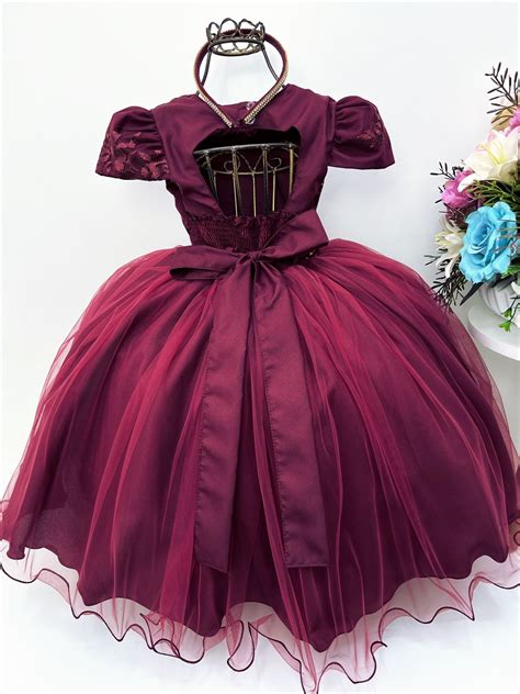 Vestido Infantil Marsala C Renda Cinto P Rolas Tiara Luxo Rosa