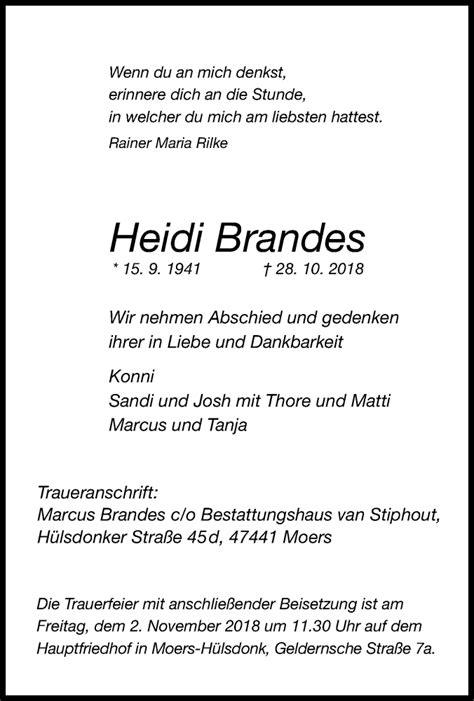 Traueranzeigen Von Heidi Brandes Trauer In NRW De