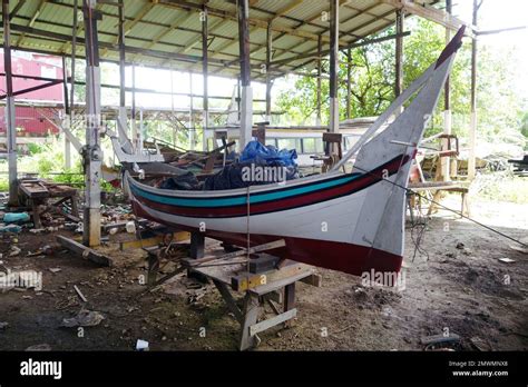 Traditional Wooden Boat Being Built In Workshop On Pulau Duyung Kuala