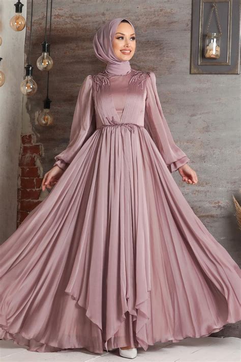 Tesettürlü Abiye Elbise Powder Pink Hijab Evening Dress 21910pd