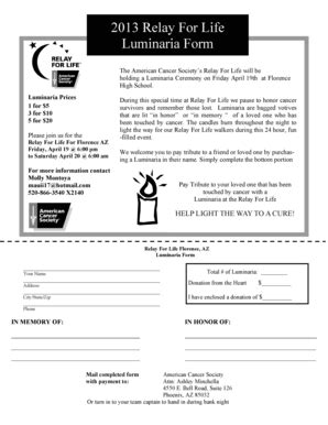 Fillable Online Relay Acsevents 2013 Relay For Life Luminaria Form