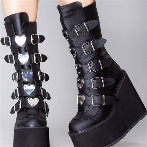 Demonia SWING 230 Black Heart Black Platform Boots In 2024 Black