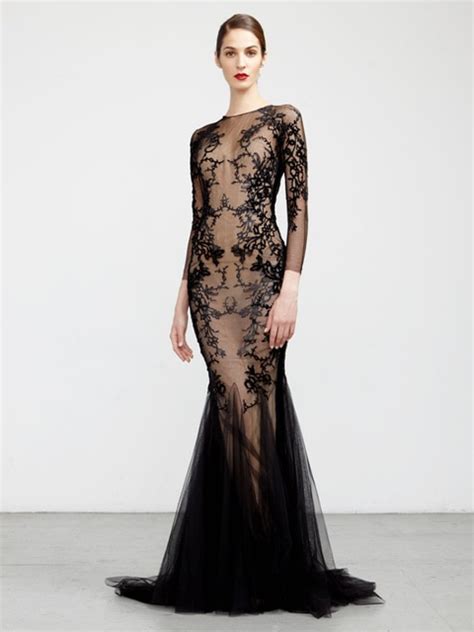 Sexy Black Tulle See Through Long Sleeves Floor Length Evening Dresses