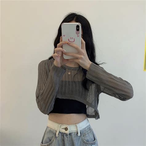 Cheap O Neck Long Sleeve Knit Shirt Women Pullovers Sexy Hollow Out Cropped Tops Summer Casual