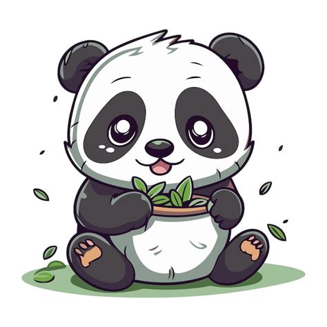 Panda De Desenho Animado Bonito Sentado Na Grama E Segurando Uma Panela