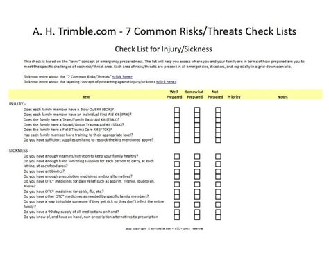 Check List Injury Or Sickness Ah Trimble Emergency Preparedness