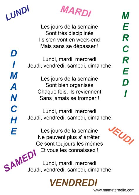 Chanson Les Jours De La Semaine Ma Maternelle