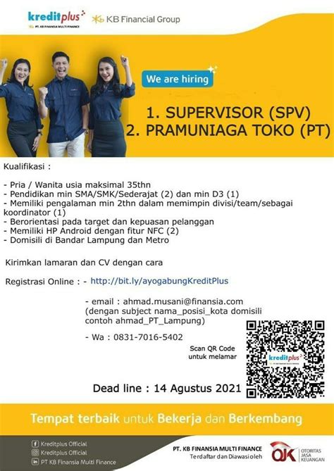 Lowongan Kerja Pramuniaga Toko Kredit Plus Lampung Ayokerjayai