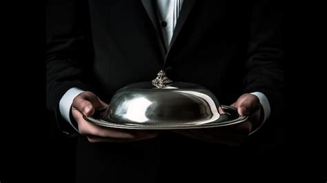 Premium Ai Image Waiter Holding Empty Silver Tray Over Black