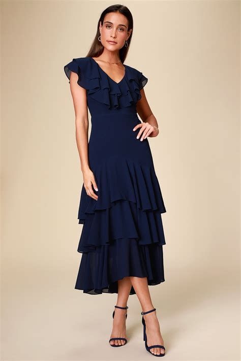 Lovely Navy Blue Midi Dress Ruffled Dress High Low Dress Lulus