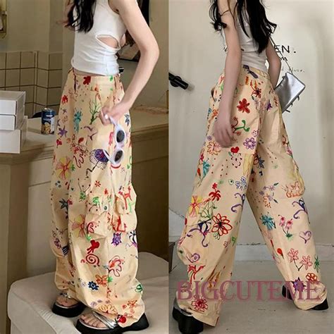 Women Cargo Pants Graffiti Floral Print Big Pockets High Waist Loose