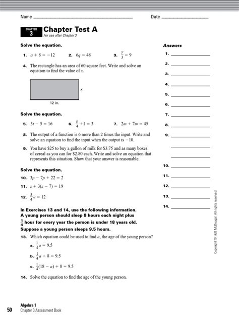 Holt Algebra 1 Chapter 03 Test Pdf Surface Area Equations Worksheets Library