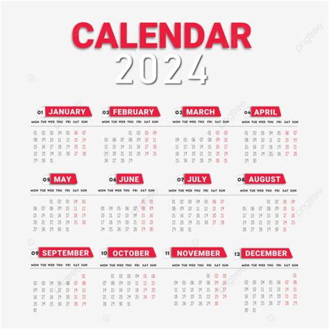 Calendario 2024 Para Imprimir Gratis Rojo Y Negro Vector PNG