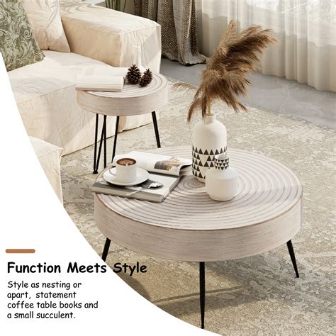 Cozayh Rustic 2 Piece Coffee Table Set Modern Farmhouse Style With Metal Base Round Natural