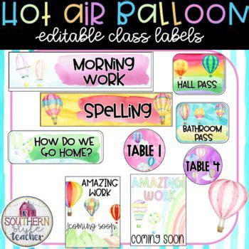 Hot Air Ballon Watercolor Classroom Theme Editable Assorted Class Labels In Hot Air