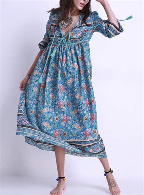 Robe Mi Longue Imprim Fleurs Hippie Boho Boheme Chic Dressl