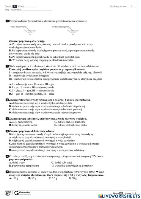 Sprawdzian Woda I Roztwory Wodne Worksheet School Subjects Workbook