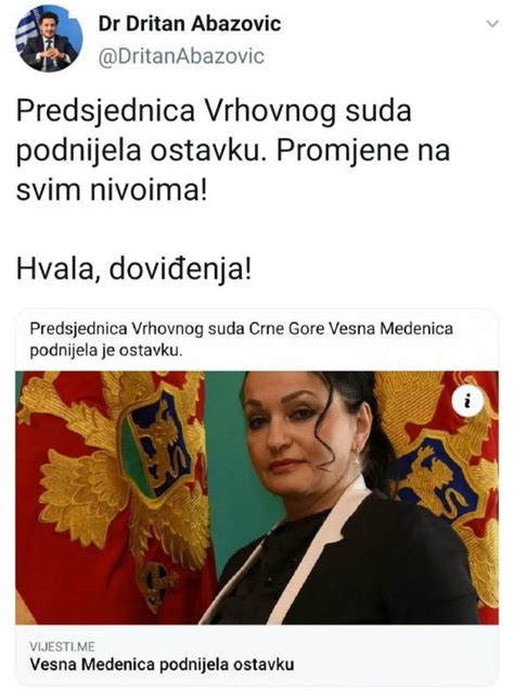 Predsjednica Vrhovnog suda Crne Gore podnijela ostavku Dritan poručio