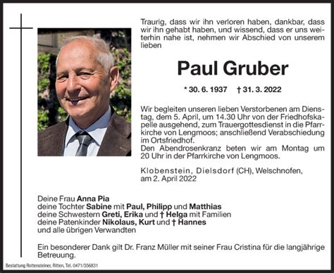 Traueranzeigen Von Paul Gruber Trauer Bz