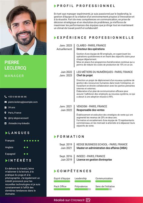 Cv Manager Et Responsable Exemple Professionnel