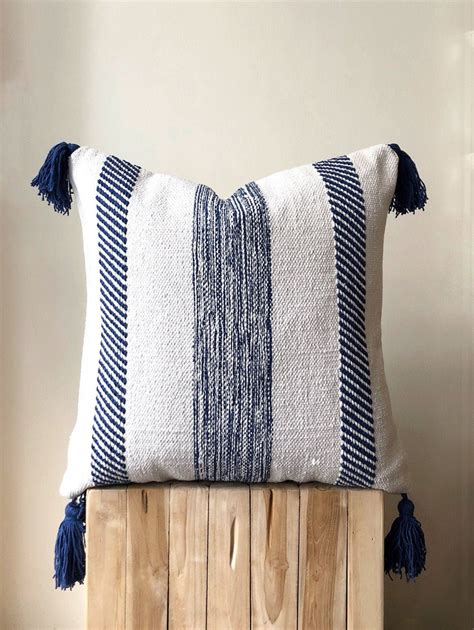 Blue And White Striped Boho Pillow With Tassels Natural Etsy Blue And White Pillows Boho