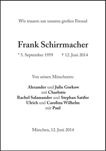 Traueranzeigen Von Frank Schirrmacher Sz Gedenken De