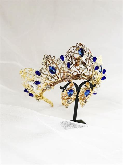 Wedding Crown Gold Blue Rhinestone Tiara Bridal Accessory Etsy