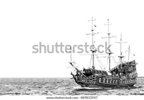 Black White Pirate Ship Isolated On Stock Illustration 489833947