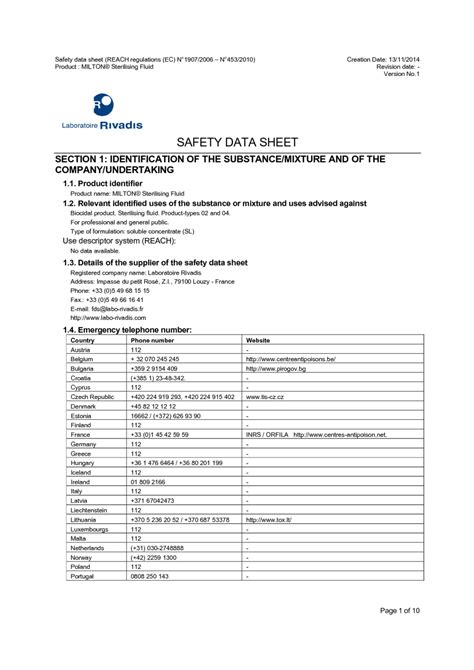 MILTON Sterilising Fluid MSDS Download