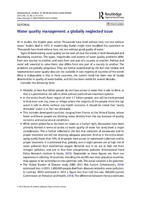 Pdf Water Quality Management A Globally Neglected Issue Prof Asit