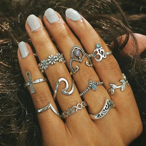 10pcs Set Antique Silver Color Cross Crown Finger Rings For Women