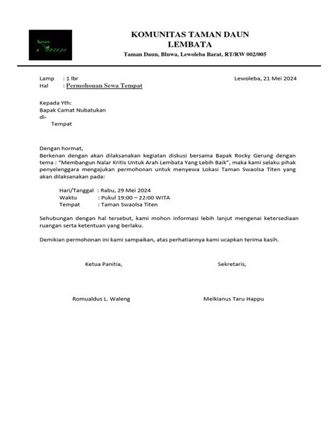 Surat Permohonan Izin Sewa Tempat Pdf