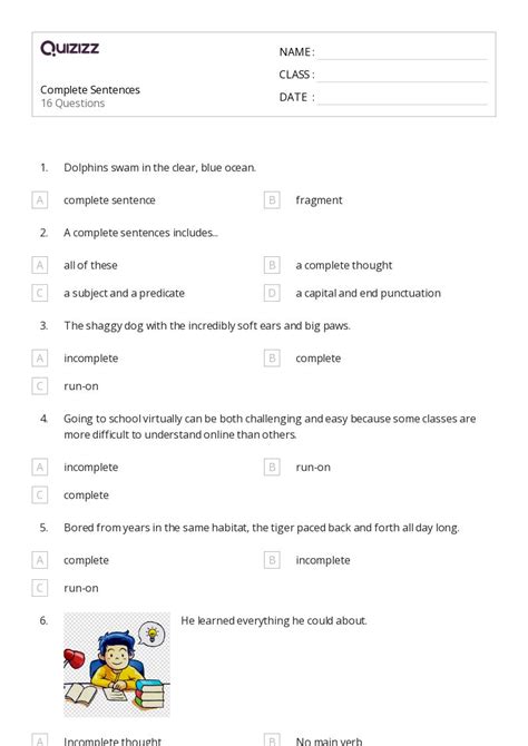 Complete Sentences Worksheets For Th Grade On Quizizz Free