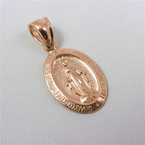 Solid 18k Rose Gold Miraculous Medal Virgin Mary Pendant 34