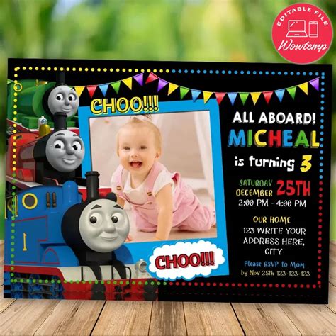 Editable Thomas The Tank Engine Invitation With Photo Diy Wowtemp