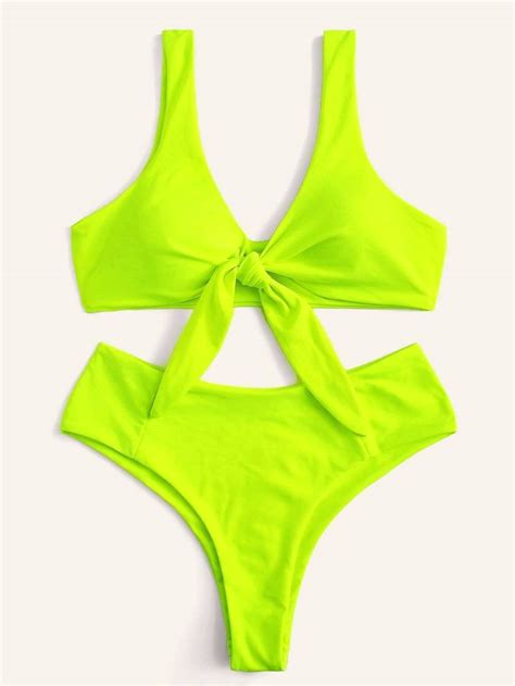 Neon Lime Green Knot Front Cami Top Swimsuit With Bikini Bottom