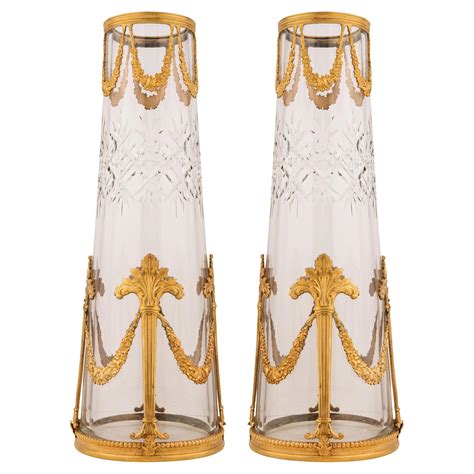 Pair Of French 19th Century Neoclassical Style Ormolu And Crystal Vases